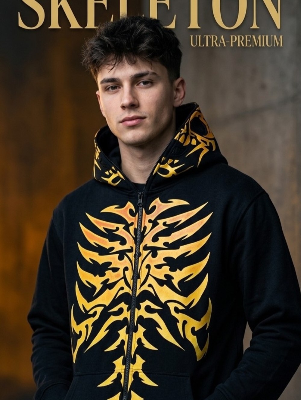 NWT  Boys Skeleton Full Zip Costume Hoodie Medium 10/12 Black Gold Tribal Mask